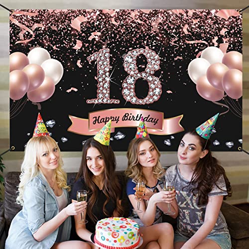 Trgowaul 18th Birthday Decorations for Girls - Rose Gold 18th Birthday Backdrop for her 5.9 X 3.6 Fts 18th Birthday Party Suppiles Photography Supplies Background Happy 18th Birthday Banner