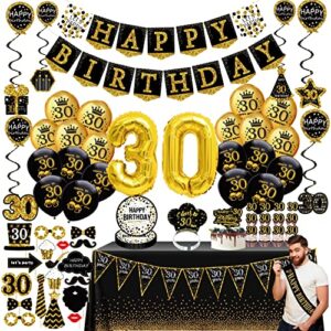 30th birthday decorations for him – (76pack) black gold party banner, pennant, hanging swirl, birthday balloons, tablecloths, cupcake topper, crown, plates, photo props, birthday sash for men gifts