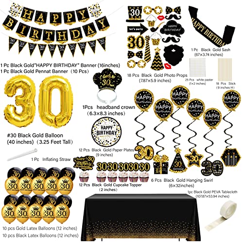 30th birthday decorations for him - (76pack) black gold party Banner, Pennant, Hanging Swirl, birthday balloons, Tablecloths, cupcake Topper, Crown, plates, Photo Props, Birthday Sash for men gifts