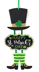 glittery “happy st. patrick’s day” themed hanging welcome sign with leprechaun top hat and feet