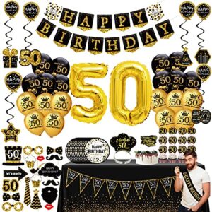 50th birthday decorations for men women - (76pack) black gold party Banner, Pennant, Hanging Swirl, birthday balloons, Tablecloths, cupcake Topper, Crown, plates, Photo Props, Sash for gifts