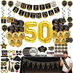 50th birthday decorations for men women – (76pack) black gold party banner, pennant, hanging swirl, birthday balloons, tablecloths, cupcake topper, crown, plates, photo props, sash for gifts