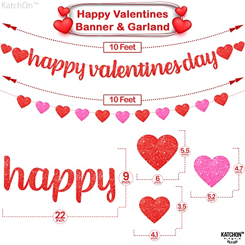 Glitter, Happy Valentines Day Banner - 10 Feet, No DIY | Red and Pink Glitter Heart Garland for Valentines Day Decorations | Valentines Banner | Valentines Day Garland for Valentines Decorations