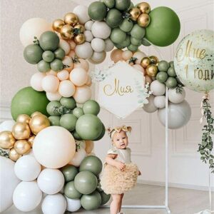 DUBEDAT 146PCS Olive Green Balloon Garland Arch Kit White Retro Green Balloon and Gold Metallic Chrome White Latex Balloons Set for Birthday Wedding Baby Shower Decorations