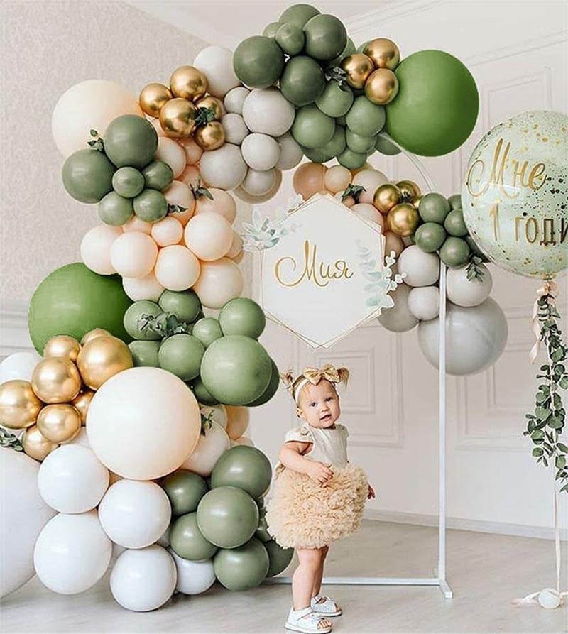 DUBEDAT 146PCS Olive Green Balloon Garland Arch Kit White Retro Green Balloon and Gold Metallic Chrome White Latex Balloons Set for Birthday Wedding Baby Shower Decorations