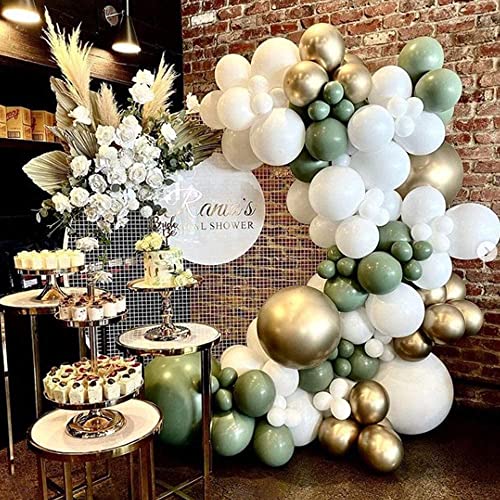 DUBEDAT 146PCS Olive Green Balloon Garland Arch Kit White Retro Green Balloon and Gold Metallic Chrome White Latex Balloons Set for Birthday Wedding Baby Shower Decorations