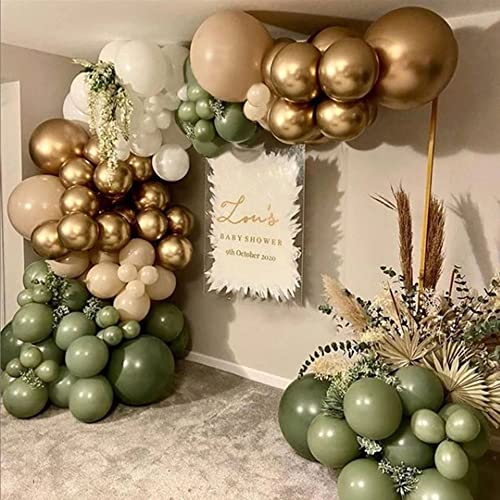 DUBEDAT 146PCS Olive Green Balloon Garland Arch Kit White Retro Green Balloon and Gold Metallic Chrome White Latex Balloons Set for Birthday Wedding Baby Shower Decorations