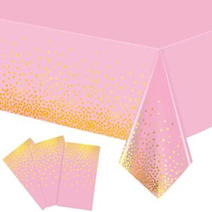 3 pieces dot tablecloth confetti rectangle plastic disposable table cover for birthday wedding baby shower engagement anniversary bachelorette party, 54 x 108 inch (pink and gold)