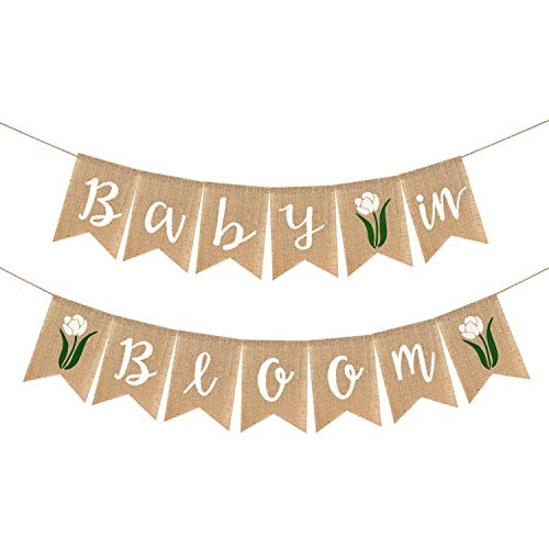 Adurself Baby in Bloom Burlap Banner with Flower Welcome Baby Jute Bunting Garland for Spring Theme Garden Mommy To Be Celebration Supplies Boy Girl Baby Shower Decoration