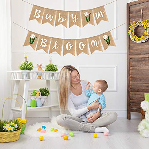 Adurself Baby in Bloom Burlap Banner with Flower Welcome Baby Jute Bunting Garland for Spring Theme Garden Mommy To Be Celebration Supplies Boy Girl Baby Shower Decoration