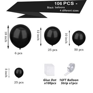 Black Balloon Garland Kit,106 pcs Black Balloons Different Sizes Pack 18/12/10/5inch Black Latex Party Balloons for Birthday,Graduation,Baby Shower,Wedding,Holiday Balloon Decoration