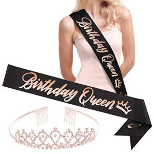 xo, fetti birthday queen sash + tiara – black glitter + rose gold foil | birthday party decorations – 16th, 21st, 30th, 40th, 50th, girl
