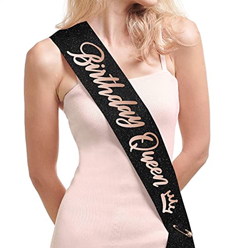 xo, Fetti Birthday Queen Sash + Tiara - Black Glitter + Rose Gold Foil | Birthday Party Decorations - 16th, 21st, 30th, 40th, 50th, Girl