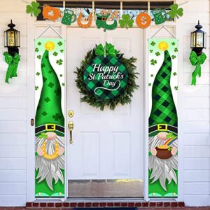st patricks day decorations outdoor, 3 pack green gnomes welcome banners porch signs with glitter garland banner, irish shamrock saint patrick’s day décor for the home party door tree classroom office