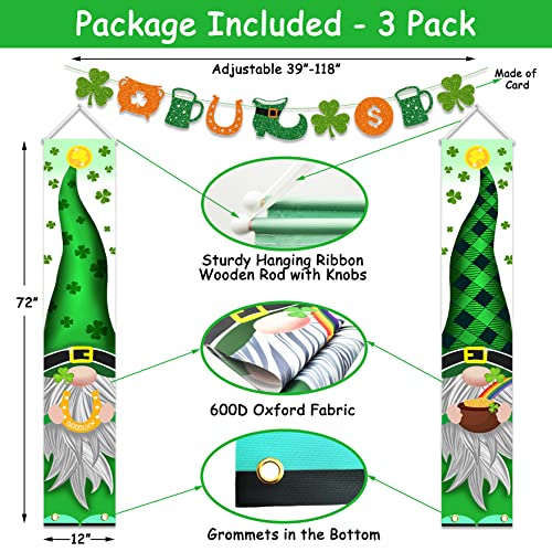 St Patricks Day Decorations Outdoor, 3 Pack Green Gnomes Welcome Banners Porch Signs with Glitter Garland Banner, Irish Shamrock Saint Patrick's Day Décor for The Home Party Door Tree Classroom Office