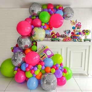 back to 80s 90s party decorations, 124pcs disco balloon garland arch kit, disco radio foil balloon hot pink green purple blue orange balloons for retro party decorations hip hop rock photo props backdrop