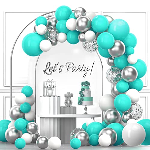 Teal Balloons Garland Arch kit,120Pcs 18 12 10 5 In Teal Turquoise Tiffany Blue and White Metallic Silver Confetti Latex Balloons for Graduation Baby Shower Weddings Birthday Party Decorations