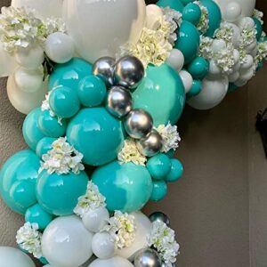 Teal Balloons Garland Arch kit,120Pcs 18 12 10 5 In Teal Turquoise Tiffany Blue and White Metallic Silver Confetti Latex Balloons for Graduation Baby Shower Weddings Birthday Party Decorations