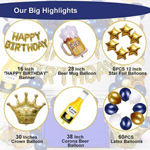 Navy Blue Gold Birthday Party Decorations Men, Happy Birthday Banner Decor for Men Women Boys Girls, Corona Beer Balloon Garland Kit for 16th 18th 21st 25th 30th 40th 50th 60th Birthday Party Supplies