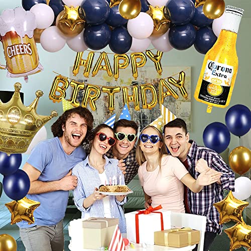 Navy Blue Gold Birthday Party Decorations Men, Happy Birthday Banner Decor for Men Women Boys Girls, Corona Beer Balloon Garland Kit for 16th 18th 21st 25th 30th 40th 50th 60th Birthday Party Supplies