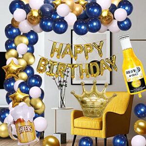 Navy Blue Gold Birthday Party Decorations Men, Happy Birthday Banner Decor for Men Women Boys Girls, Corona Beer Balloon Garland Kit for 16th 18th 21st 25th 30th 40th 50th 60th Birthday Party Supplies