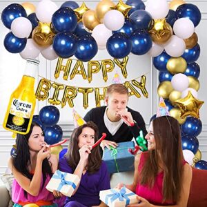 Navy Blue Gold Birthday Party Decorations Men, Happy Birthday Banner Decor for Men Women Boys Girls, Corona Beer Balloon Garland Kit for 16th 18th 21st 25th 30th 40th 50th 60th Birthday Party Supplies