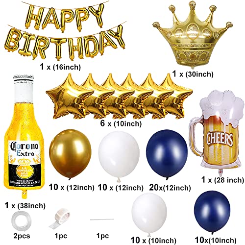 Navy Blue Gold Birthday Party Decorations Men, Happy Birthday Banner Decor for Men Women Boys Girls, Corona Beer Balloon Garland Kit for 16th 18th 21st 25th 30th 40th 50th 60th Birthday Party Supplies