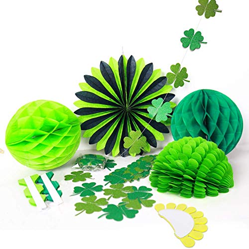 Glitter St Patricks Day Decorations Green Shamrock Clover Garlands Hanging Streamer Banner Bunting Paper Fan Tissue Pompoms Lucky Irish Birthday Baby Shower Wedding Saint Patricks Day Party Decor