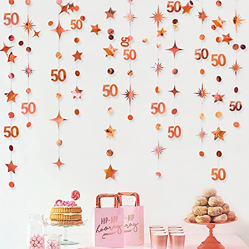 Rose Gold 50th Birthday Decorations Number 50 Circle Dot Twinkle Star Garland Metallic Hanging Streamer Bunting Banner Backdrop for 50 Year Old Birthday Happy 50th Anniversary Fiftieth Party Supplies