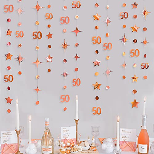 Rose Gold 50th Birthday Decorations Number 50 Circle Dot Twinkle Star Garland Metallic Hanging Streamer Bunting Banner Backdrop for 50 Year Old Birthday Happy 50th Anniversary Fiftieth Party Supplies