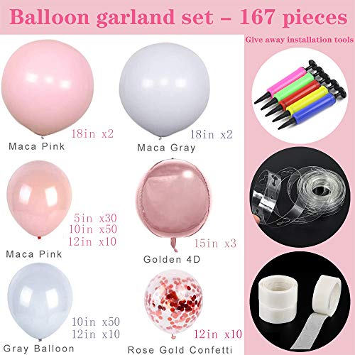 Balloon Garland Arch Kit Comes With A Balloon Pump 167 Pcs 5 To 18 Inches Macaron Colorful Thicken Balloons Used for Wedding Decoration Birthday Party Baby Shower Supplies (Pink-Gray)