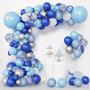 rubfac 130pcs blue balloons garland arch kit, royal blue and baby blue white chrome sliver balloons arch for shower birthday graduation party decorations