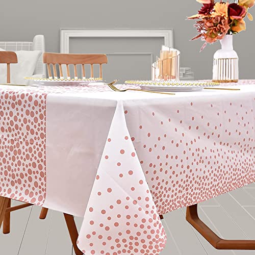 FECEDY 6 Packs 54"x108" Rose Gold Wave Point White Disposable Plastic Table Cover Waterproof Tablecloths for Rectangle Tables up to 8 ft in Length Party Decorations