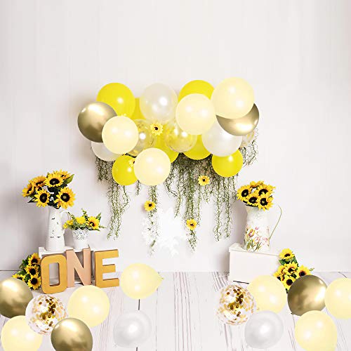 Yellow White Gold Confetti Balloons - 60 Pack 12 inch Pastel Yellow Latex Party Balloon for Sunflower Honeybee Theme, Birthday, Baby Shower, Wedding Decorations