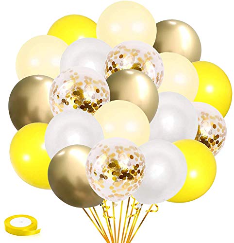 Yellow White Gold Confetti Balloons - 60 Pack 12 inch Pastel Yellow Latex Party Balloon for Sunflower Honeybee Theme, Birthday, Baby Shower, Wedding Decorations