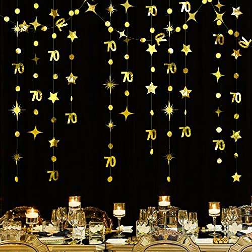 Gold 70th Birthday Decorations Number 70 Circle Dot Twinkle Star Garland Metallic Hanging Streamer Bunting Banner Backdrop for Women Mens 70 Year Old Birthday Seventieth Anniversary Party Supplies