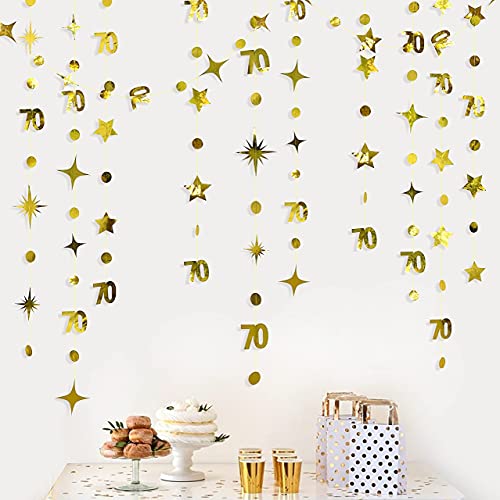 Gold 70th Birthday Decorations Number 70 Circle Dot Twinkle Star Garland Metallic Hanging Streamer Bunting Banner Backdrop for Women Mens 70 Year Old Birthday Seventieth Anniversary Party Supplies