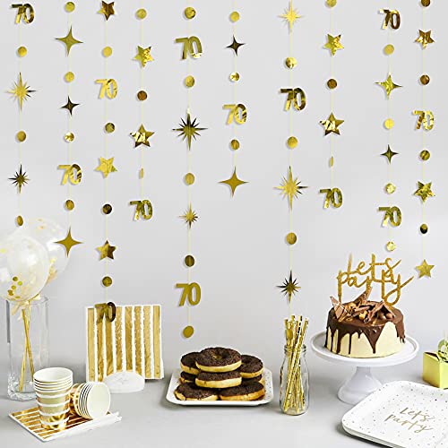 Gold 70th Birthday Decorations Number 70 Circle Dot Twinkle Star Garland Metallic Hanging Streamer Bunting Banner Backdrop for Women Mens 70 Year Old Birthday Seventieth Anniversary Party Supplies