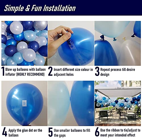 EZYLINKER Blue Balloon Garland Arch Kit - (130Pcs) Set of Blue Balloons, White Balloons, Light Blue, and Metallic Silver Balloons - ideal for Birthday Decorations, Wedding Parties, Baby Shower, etc