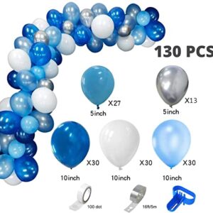 EZYLINKER Blue Balloon Garland Arch Kit - (130Pcs) Set of Blue Balloons, White Balloons, Light Blue, and Metallic Silver Balloons - ideal for Birthday Decorations, Wedding Parties, Baby Shower, etc