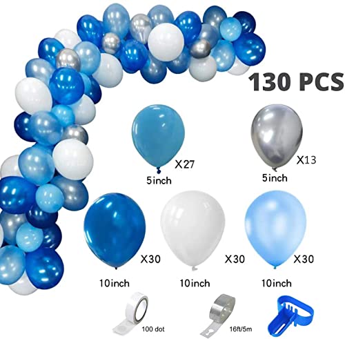 EZYLINKER Blue Balloon Garland Arch Kit - (130Pcs) Set of Blue Balloons, White Balloons, Light Blue, and Metallic Silver Balloons - ideal for Birthday Decorations, Wedding Parties, Baby Shower, etc