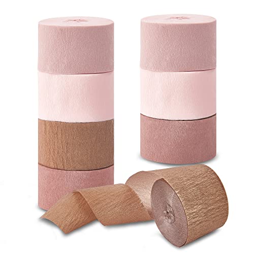 Streamers 8 Rolls, Rose Gold Party Decorations Crepe Paper Pink Brown Streamer for Bachelorette Party Bridal Shower Wedding Shower Baby Shower Birthday Decorations Supplies, 1.8 Inch x 82 Ft/Roll