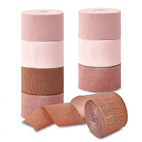 Streamers 8 Rolls, Rose Gold Party Decorations Crepe Paper Pink Brown Streamer for Bachelorette Party Bridal Shower Wedding Shower Baby Shower Birthday Decorations Supplies, 1.8 Inch x 82 Ft/Roll