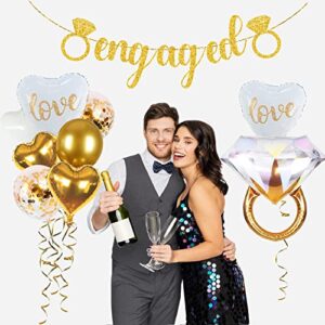 Engagement Party Decorations Sparkly Gold Engagement Decorations, Engaged Banner, Cake Decorations, Confetti, Ring Balloons for Wedding Engagement Party Decor