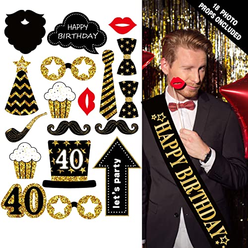 40th birthday decorations for men women - (76pack) black gold party Banner, Pennant, Hanging Swirl, birthday balloons, Tablecloths, cupcake Topper, Crown, plates, Photo Props, Birthday Sash for gifts