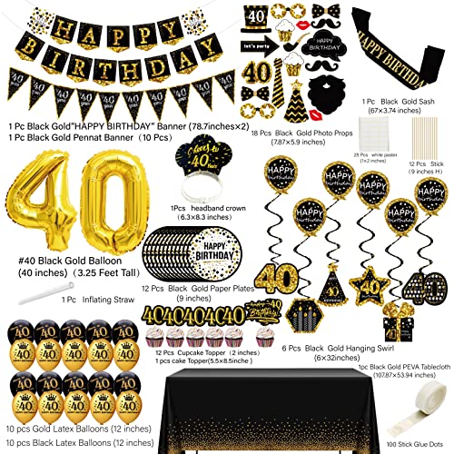 40th birthday decorations for men women - (76pack) black gold party Banner, Pennant, Hanging Swirl, birthday balloons, Tablecloths, cupcake Topper, Crown, plates, Photo Props, Birthday Sash for gifts