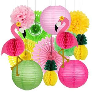 flamingo party supplies, hawaiian party decorations flamingo and pineapple honeycomb ball paper lanterns paper fans pom poms flowers for birthday luau tropical bachelorette party