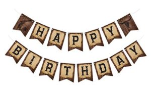 pre-strung cowboy birthday banner, ready to hang wild western bday party sign, wooden house barn bunting