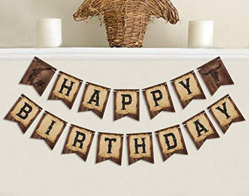 Pre-Strung Cowboy Birthday Banner, Ready to Hang Wild Western Bday Party Sign, Wooden House Barn Bunting