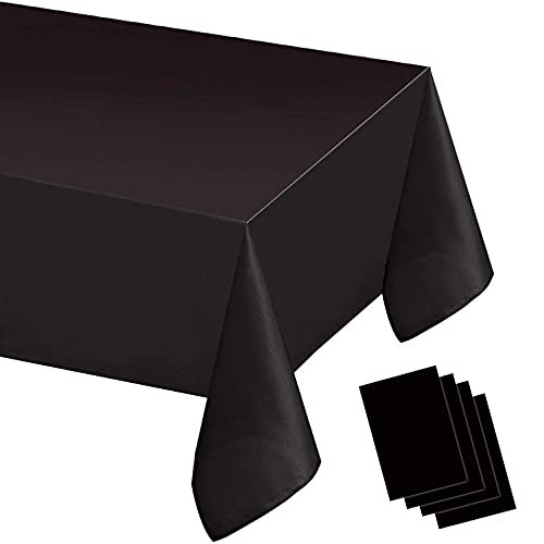 FECEDY 4 Packs 54 x 108inch Black Disposable Plastic Table Cover Waterproof Tablecloths for Rectangle Tables up to 8 ft in Length Indoor & Outdoor Birthdays Anniversary Buffet Table Party Decorations